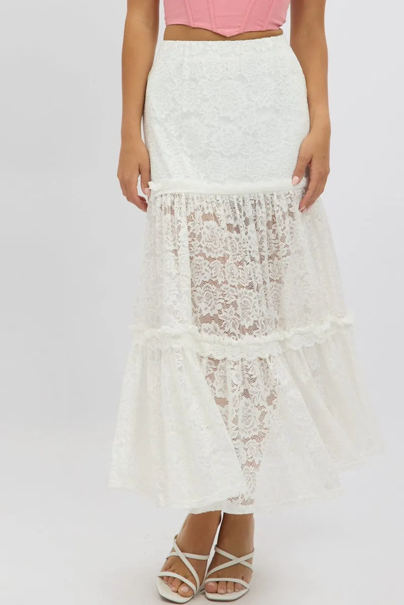 Seasonal Must Have White Lace Maxi Skirt Elastic Waist Tiered Lined