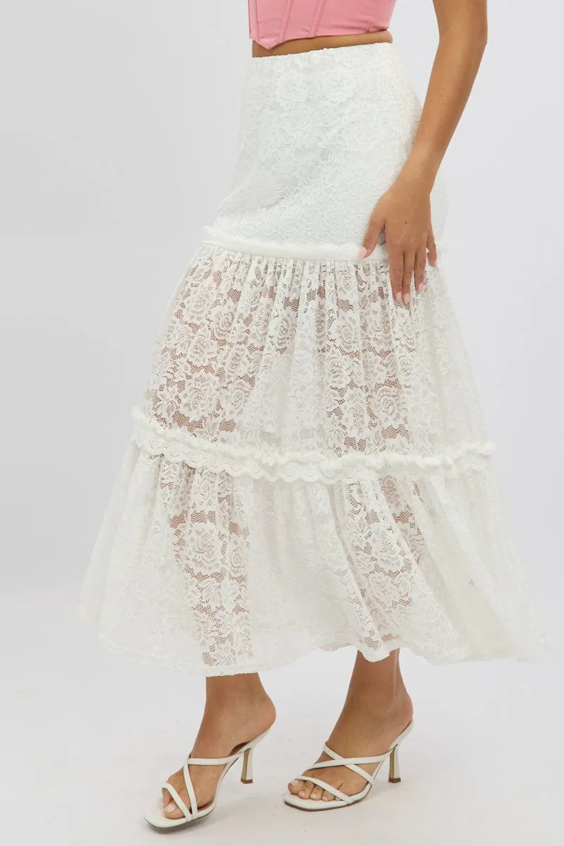 Structured silhouette White Lace Maxi Skirt Elastic Waist Tiered Lined