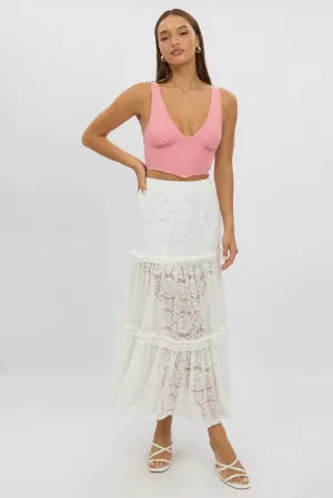 Chic Appeal Emerging Designer White Lace Maxi Skirt Elastic Waist Tiered Lined