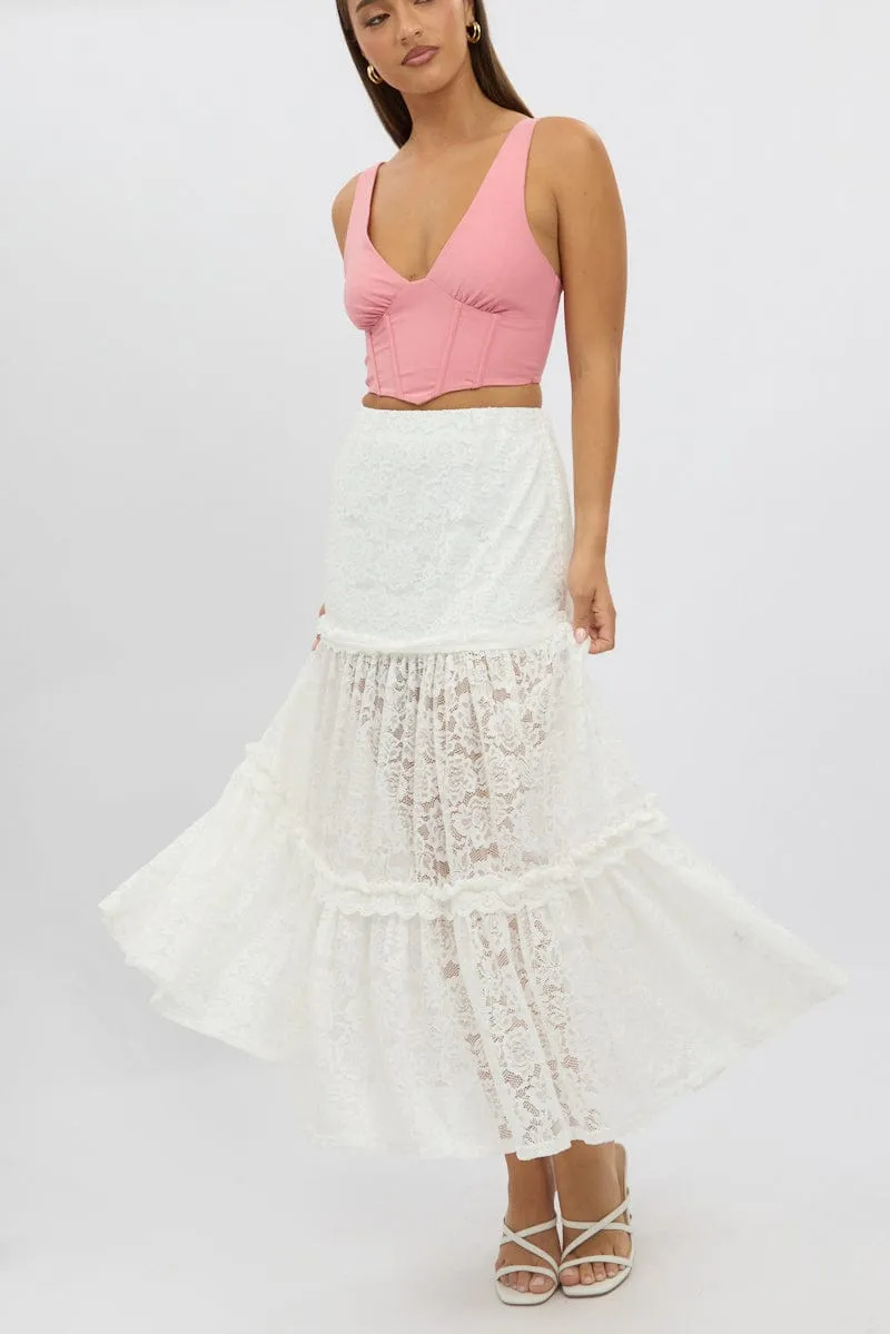 Airy Feel White Lace Maxi Skirt Elastic Waist Tiered Lined