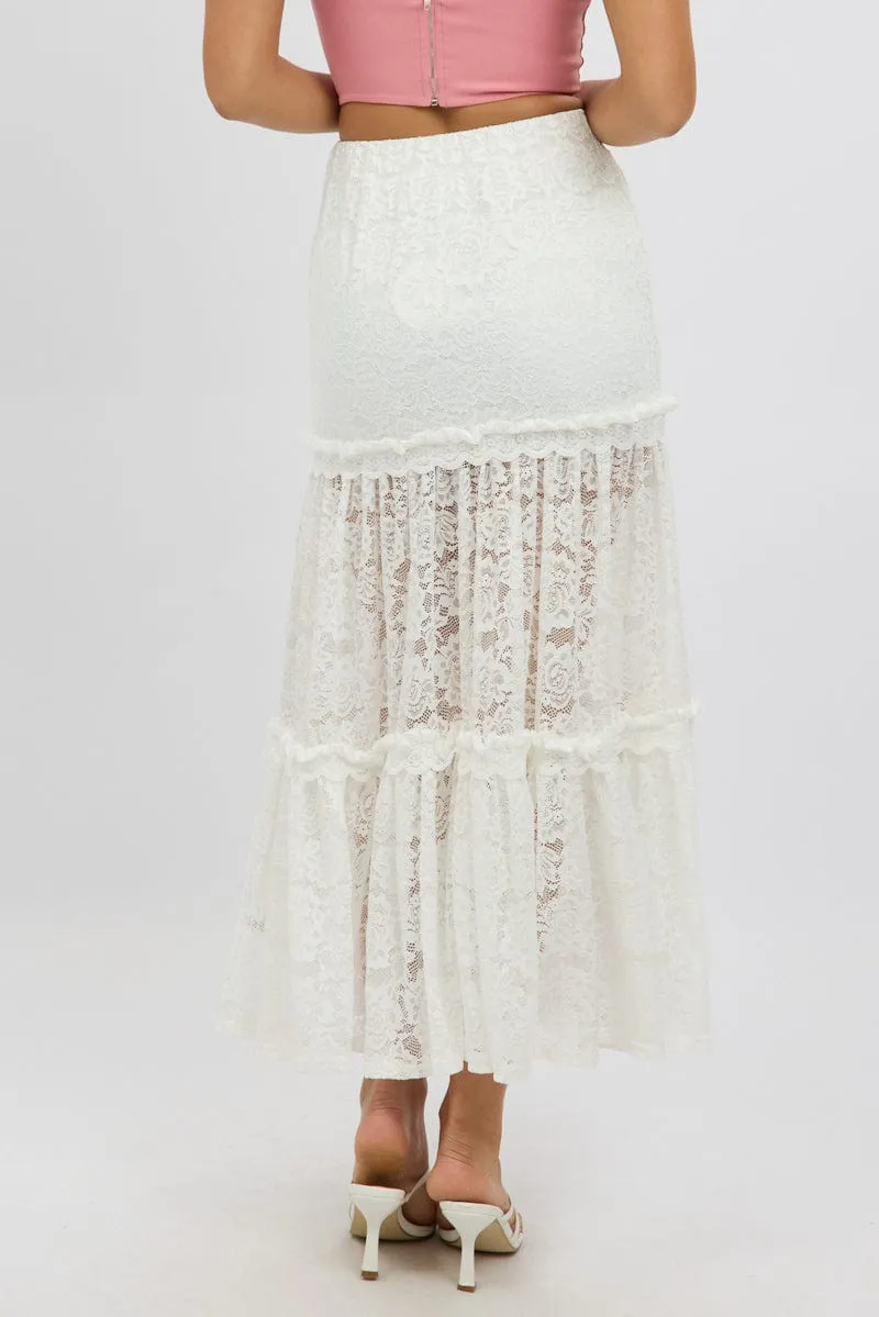 White Lace Maxi Skirt Elastic Waist Tiered Lined Scalloped Edge Modern Tones