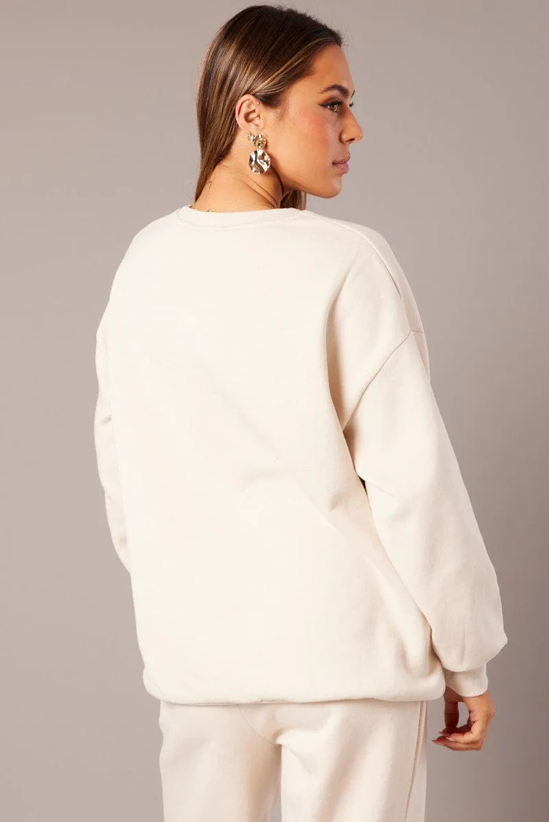 Relaxed Vibes Relaxing Wear Beige Graphic Sweater Long Sleeve
