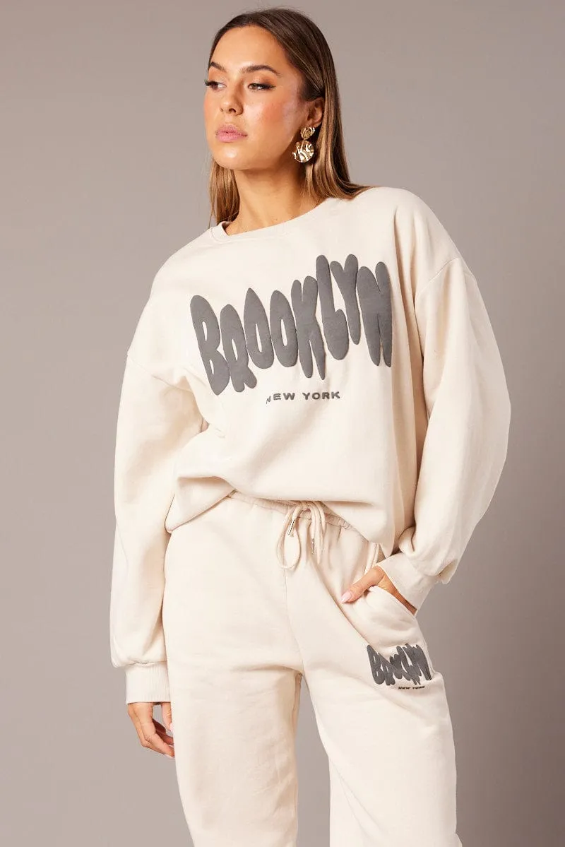 Active Wear Look Beige Graphic Sweater Long Sleeve