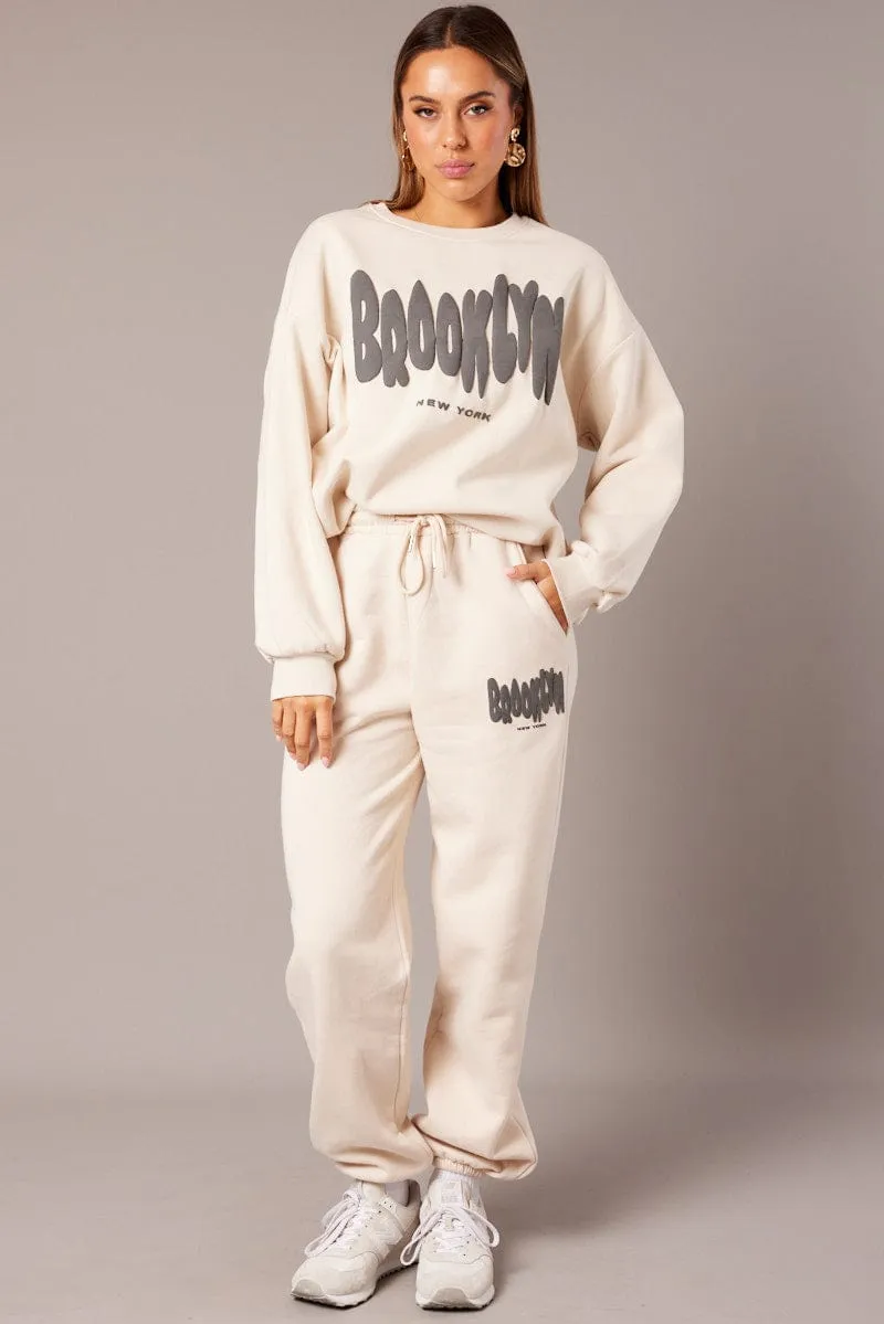 Shrink resistant Beige Graphic Sweater Long Sleeve