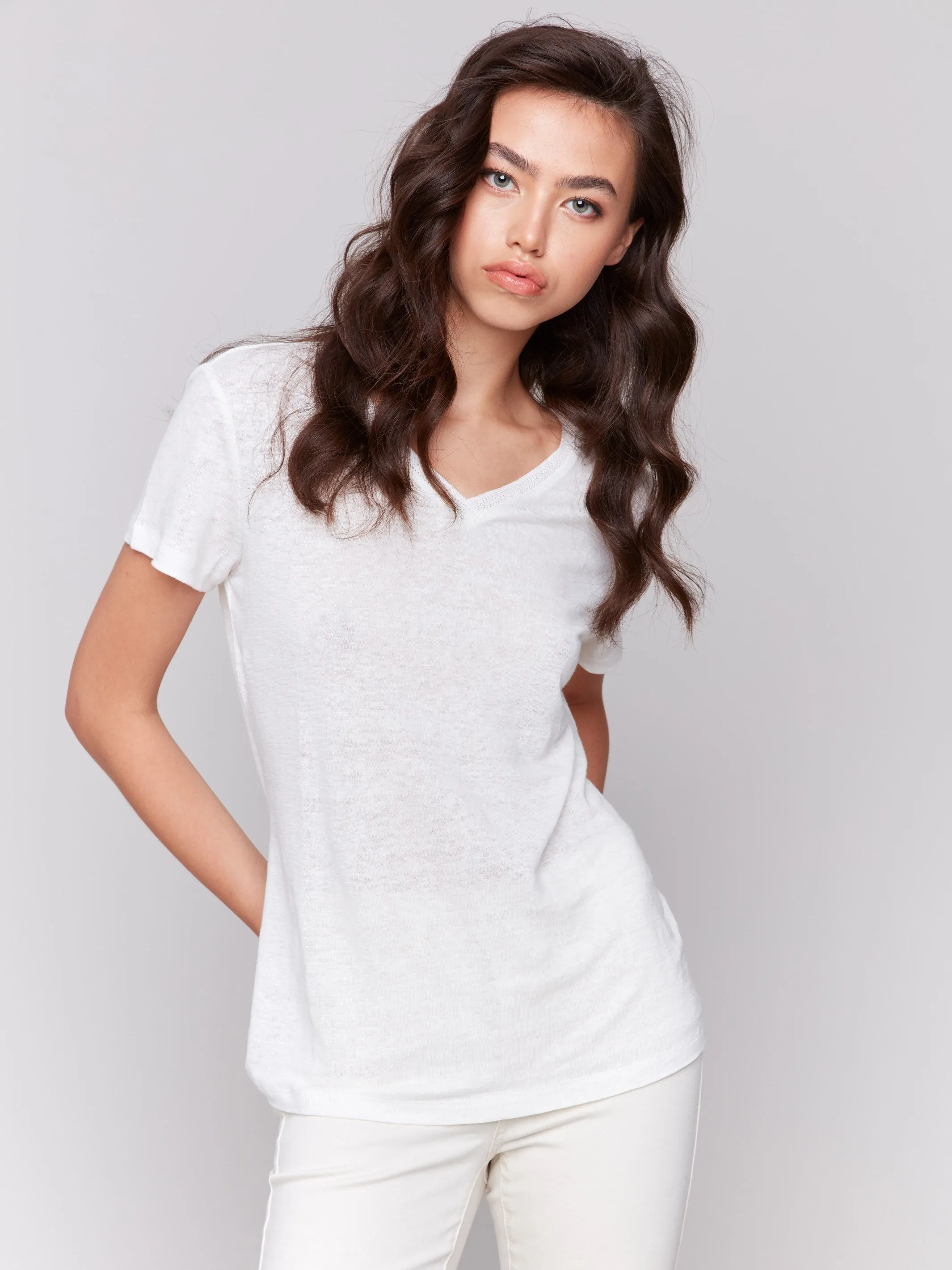 Linen Blend V-Neck T-Shirt - Natural Comfortable Casual Fun Style
