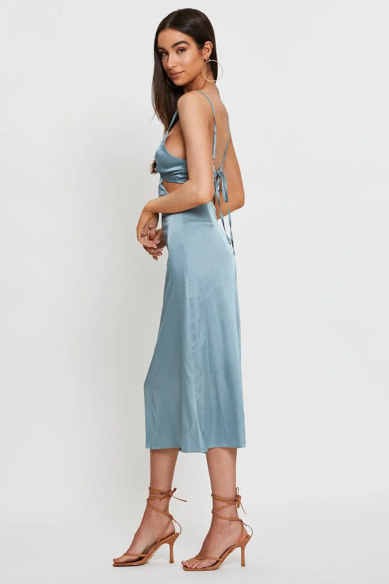 Blue Midi Dress Satin Lasting Joy