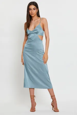 Blue Midi Dress Satin Feast Table