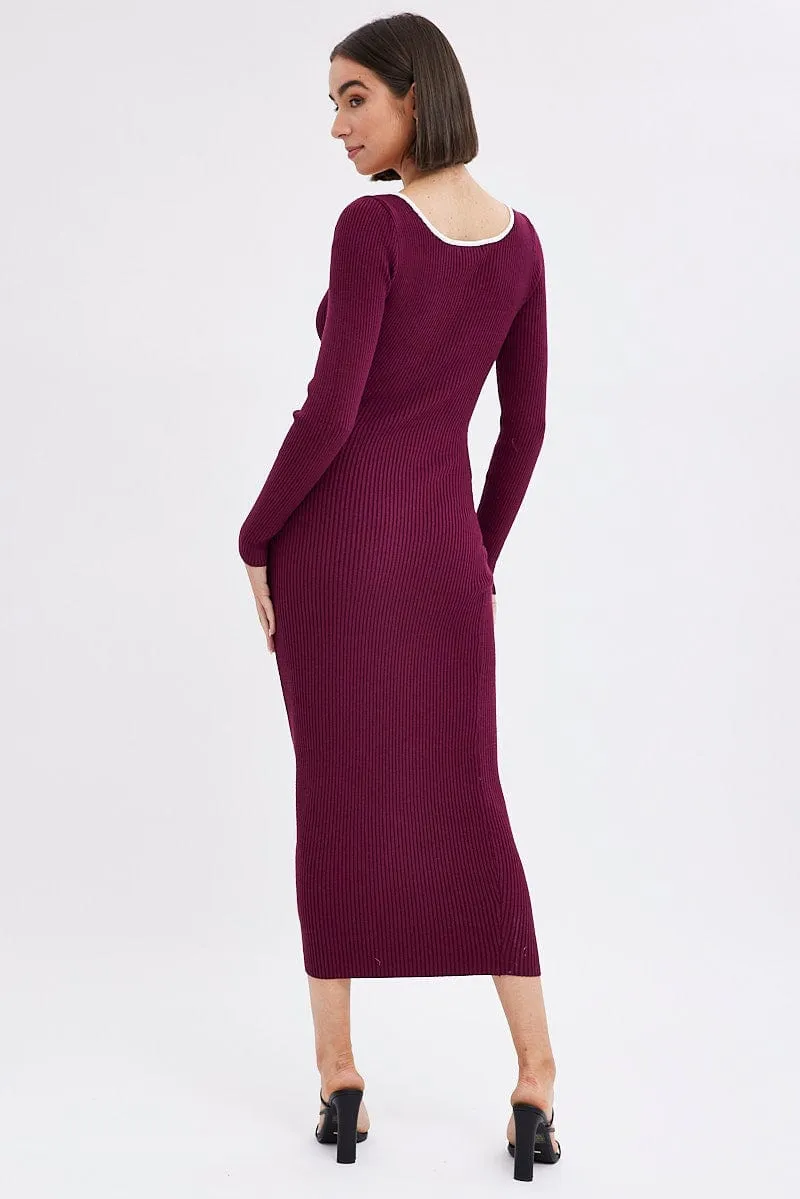 Purple Midi Dress Long Sleeve Sweetheart Contrast Bind Effortless day-to-evening dress music concert