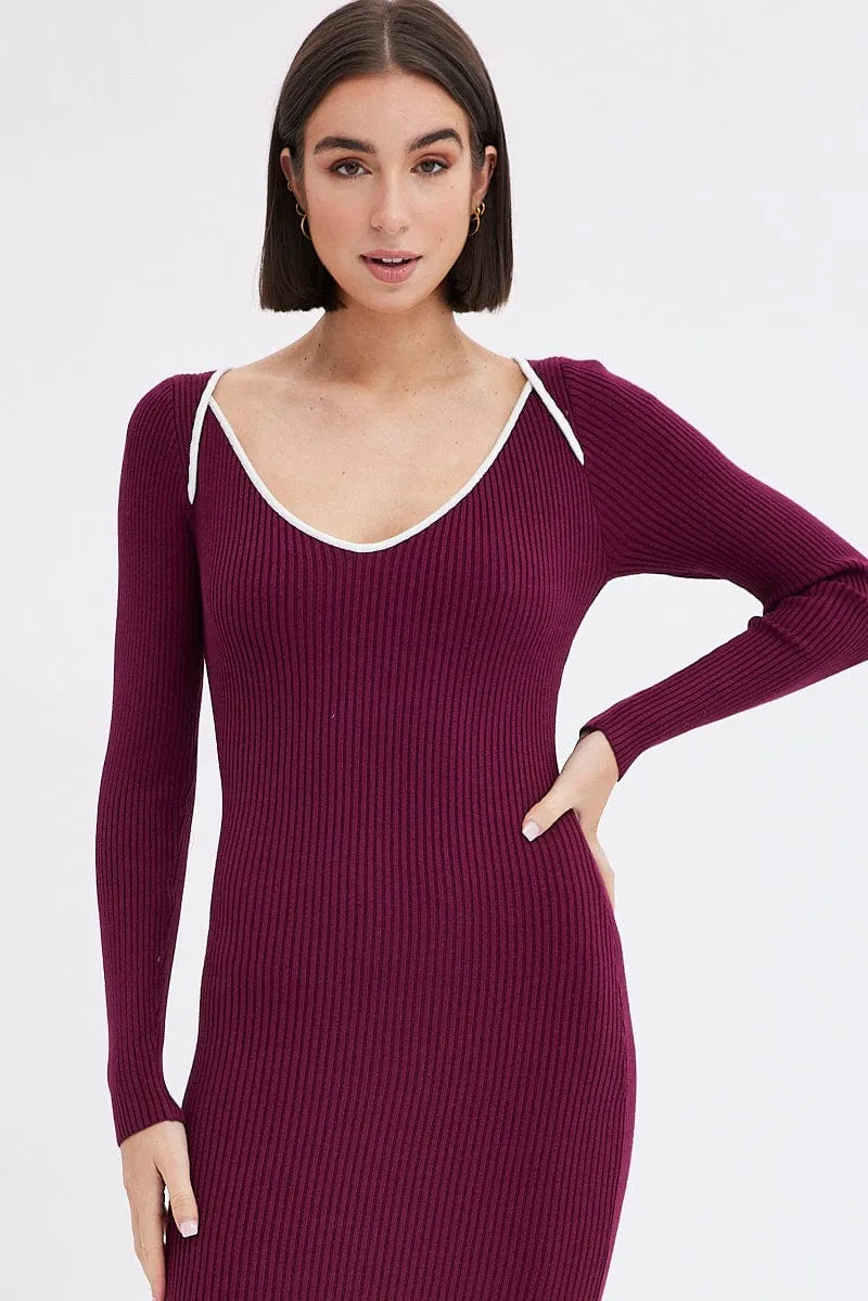 Polished Design Market Day Purple Midi Dress Long Sleeve Sweetheart Contrast Bind