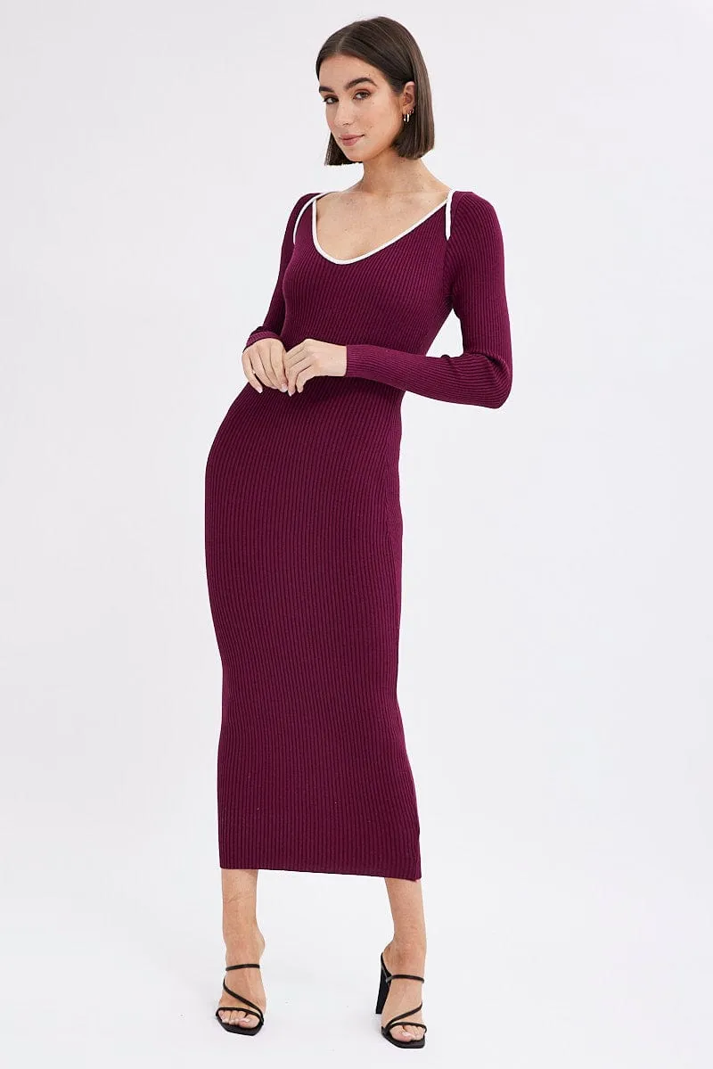 Purple Midi Dress Long Sleeve Sweetheart Contrast Bind Greek Spirit Coastal Granny