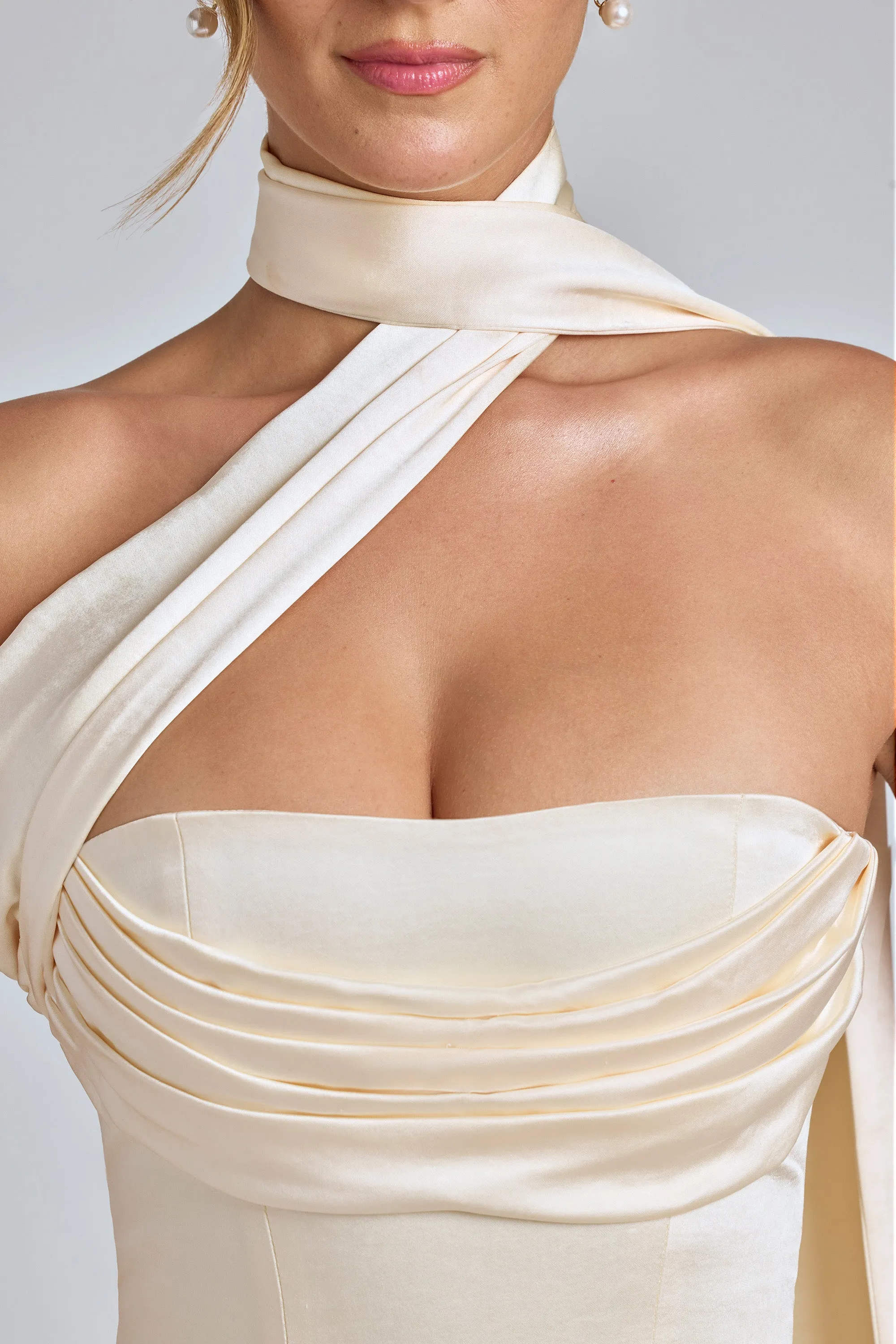 Quick Glam Comfortable summer outing dress Draped Halterneck Satin Mini Dress in Ivory