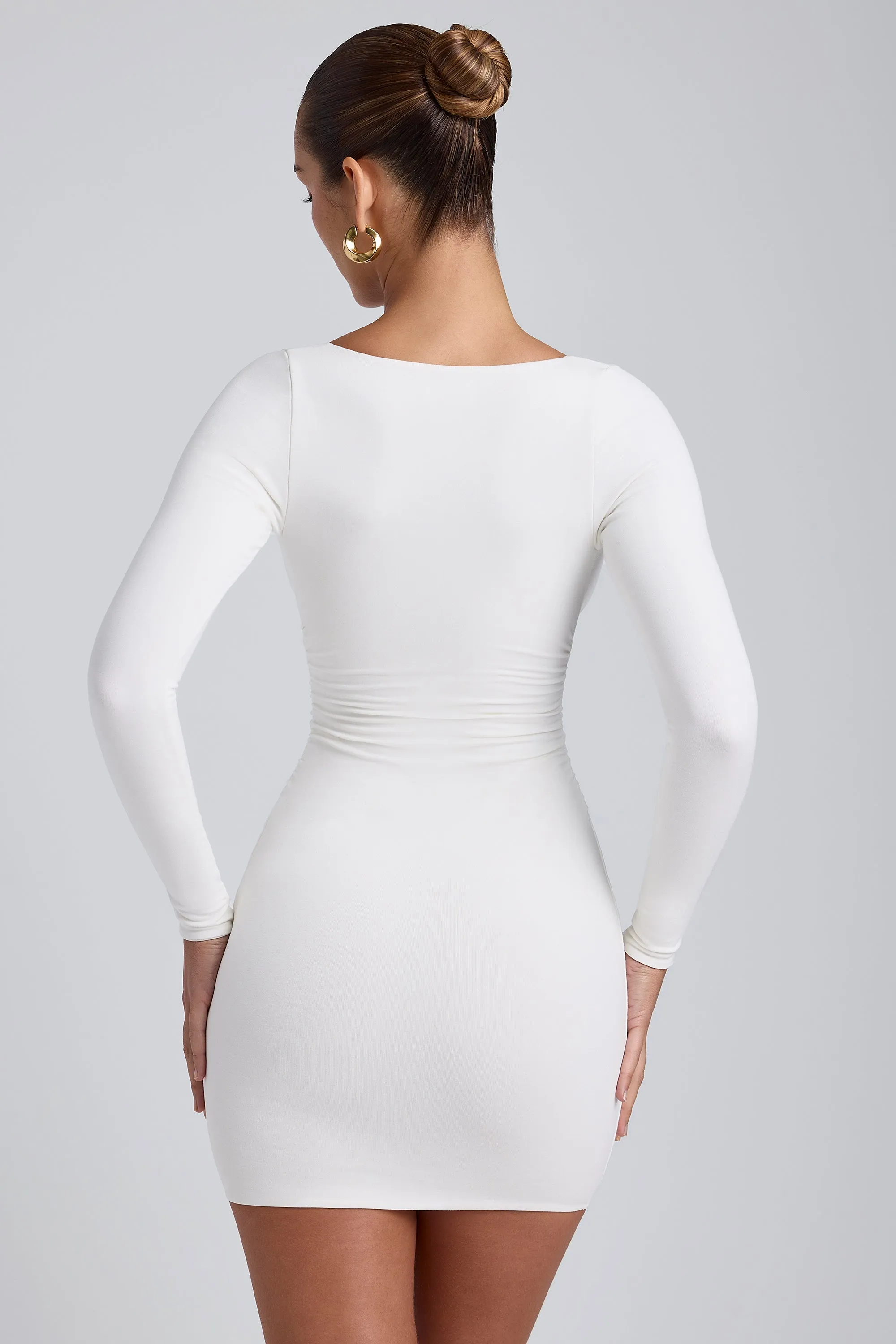 Bright Beat Sexy yet elegant mini Modal Ruched Long-Sleeve Mini Dress in White