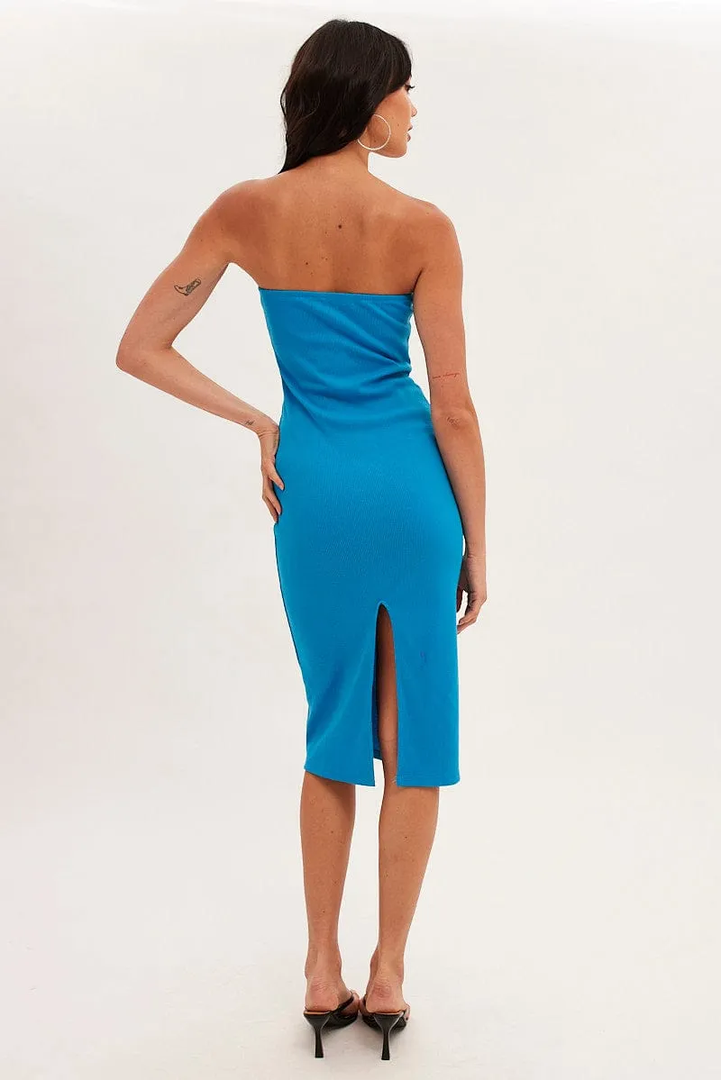 Blue Ribbed Evening Dress Strapless Space Glow