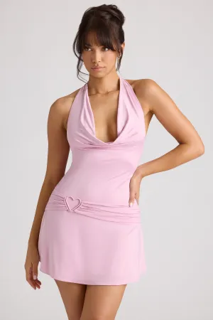 Heart Detail Cowl Neck Mini Dress in Soft Pink Zigzag Stitch Reinforcement Walk Light