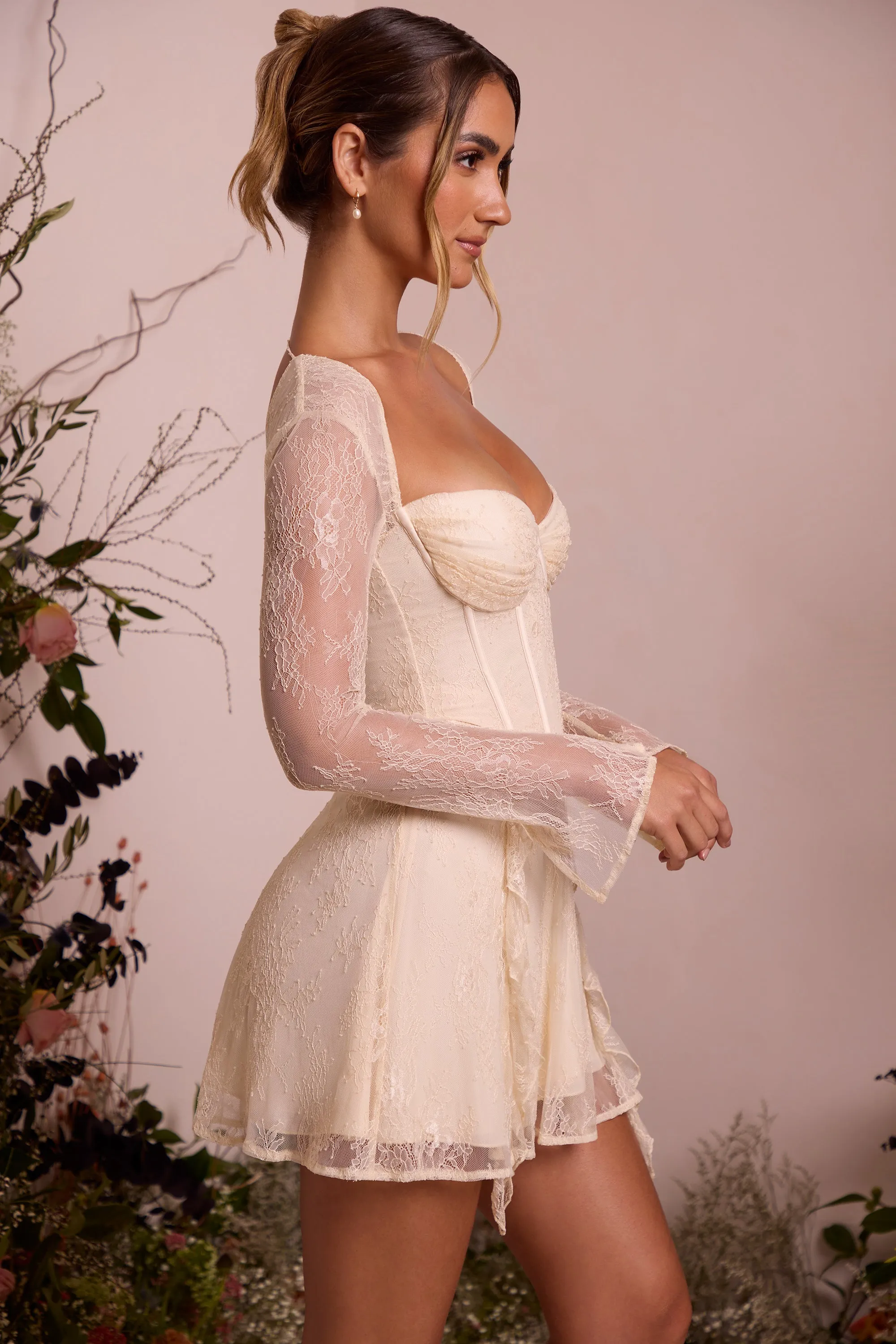 Light Fresh Simple Style Long Sleeve Lace Corset Mini Dress in Ivory