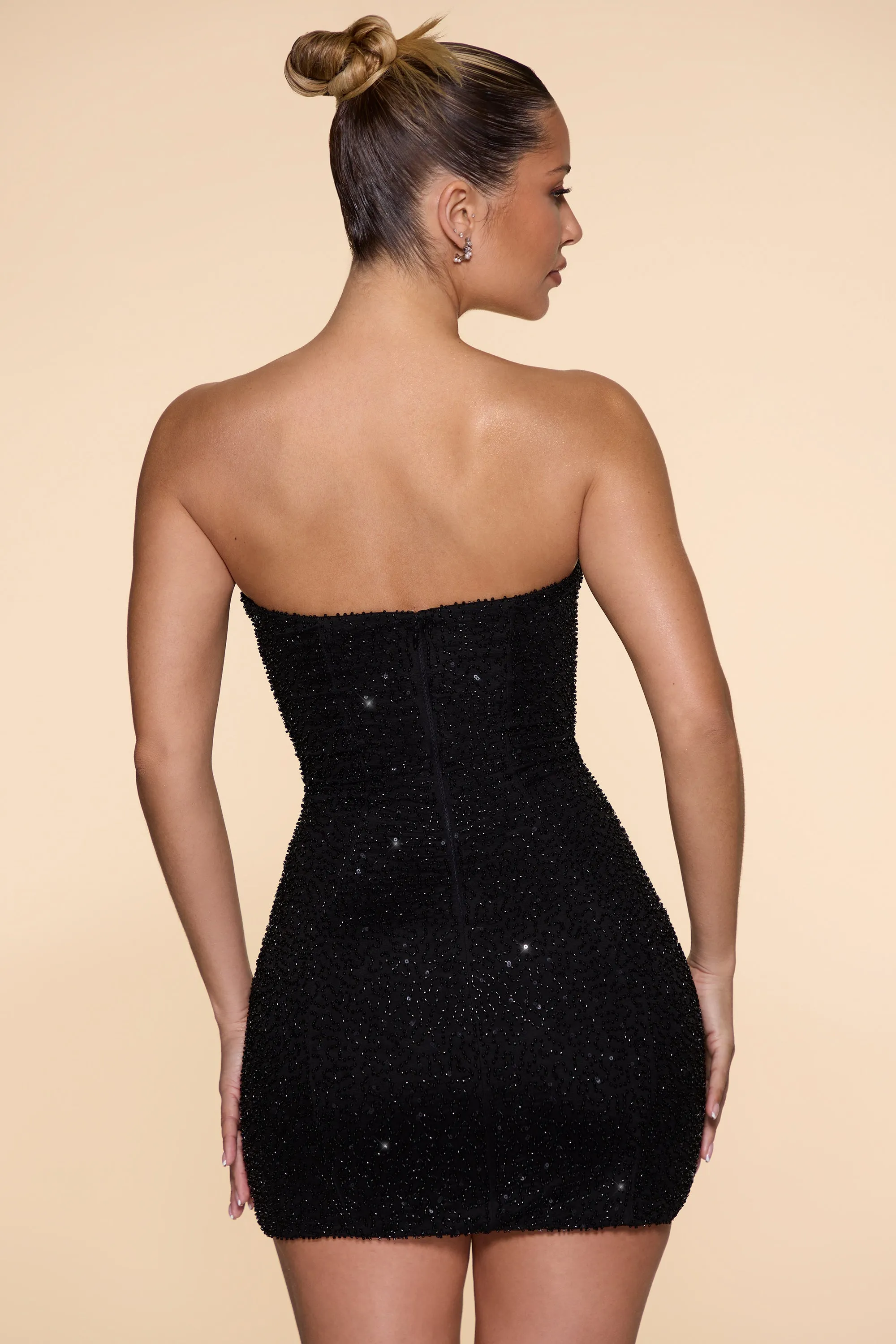 Daytime casual mini Layered Ventilation Embellished Strapless Cowl Neck Mini Dress in Black