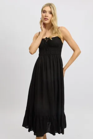 british retro Black Midi Dress Tiered Strappy