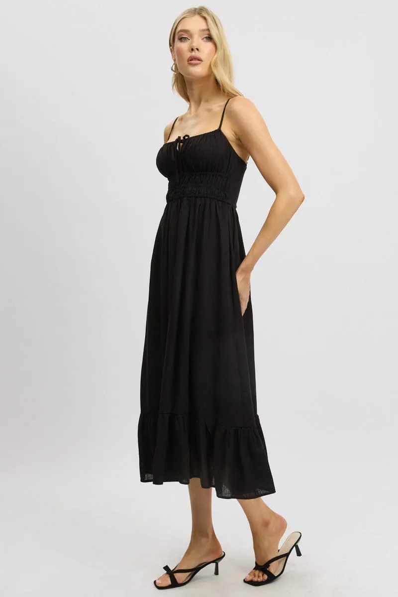 Black Midi Dress Tiered Strappy Plaza Walk Easy Style