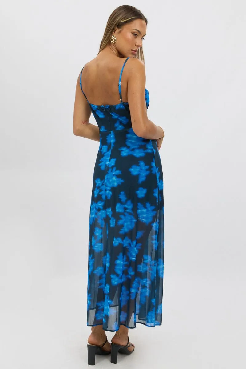 Blue Abstract Midi Dress Gathered Bust Modern Feminine Easy Fit