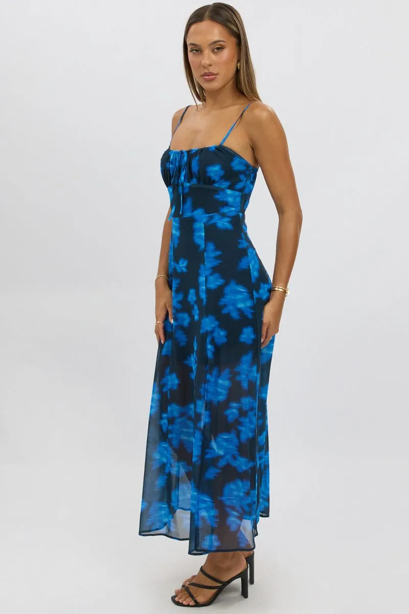 Moon Beam Blue Abstract Midi Dress Gathered Bust