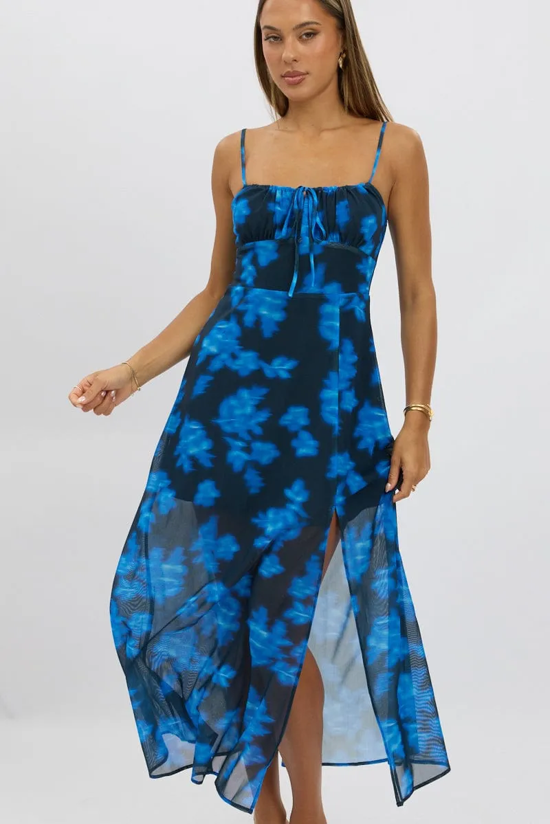 Blue Abstract Midi Dress Gathered Bust Comet Tail