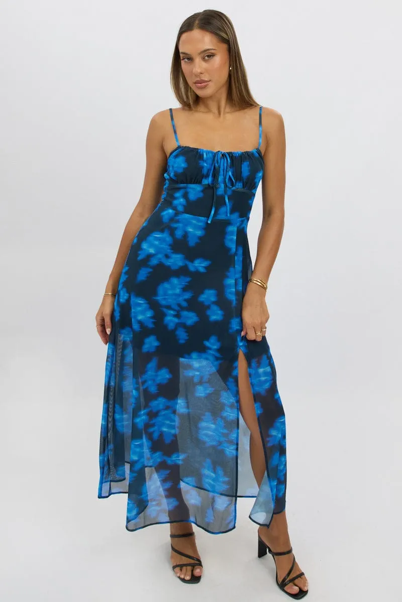 Blue Abstract Midi Dress Gathered Bust Seasonal Wardrobe