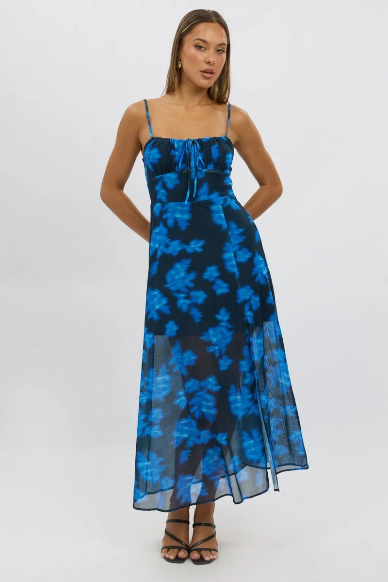 Blue Abstract Midi Dress Gathered Bust Comet Tail Sleek Silhouette