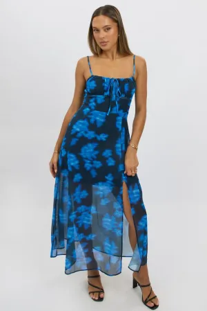Blue Abstract Midi Dress Gathered Bust Seasonal Wardrobe