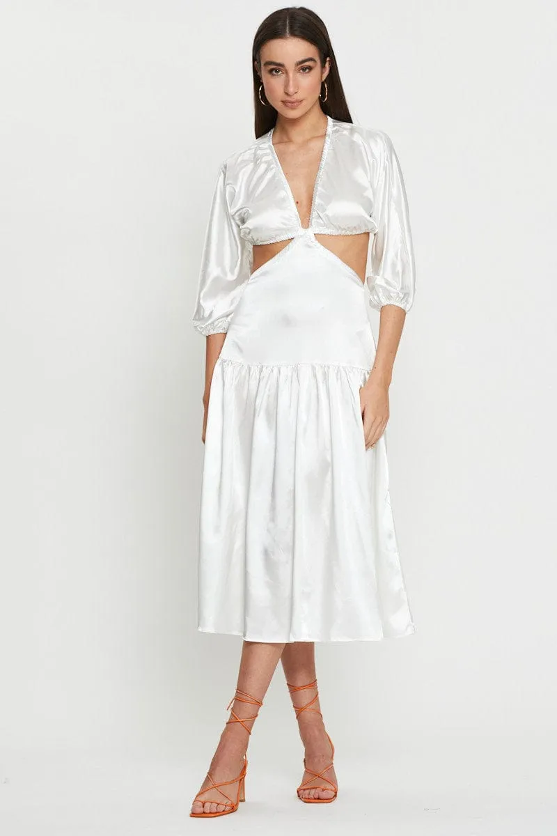 british retro subtle style White Midi Dress Short Sleeve