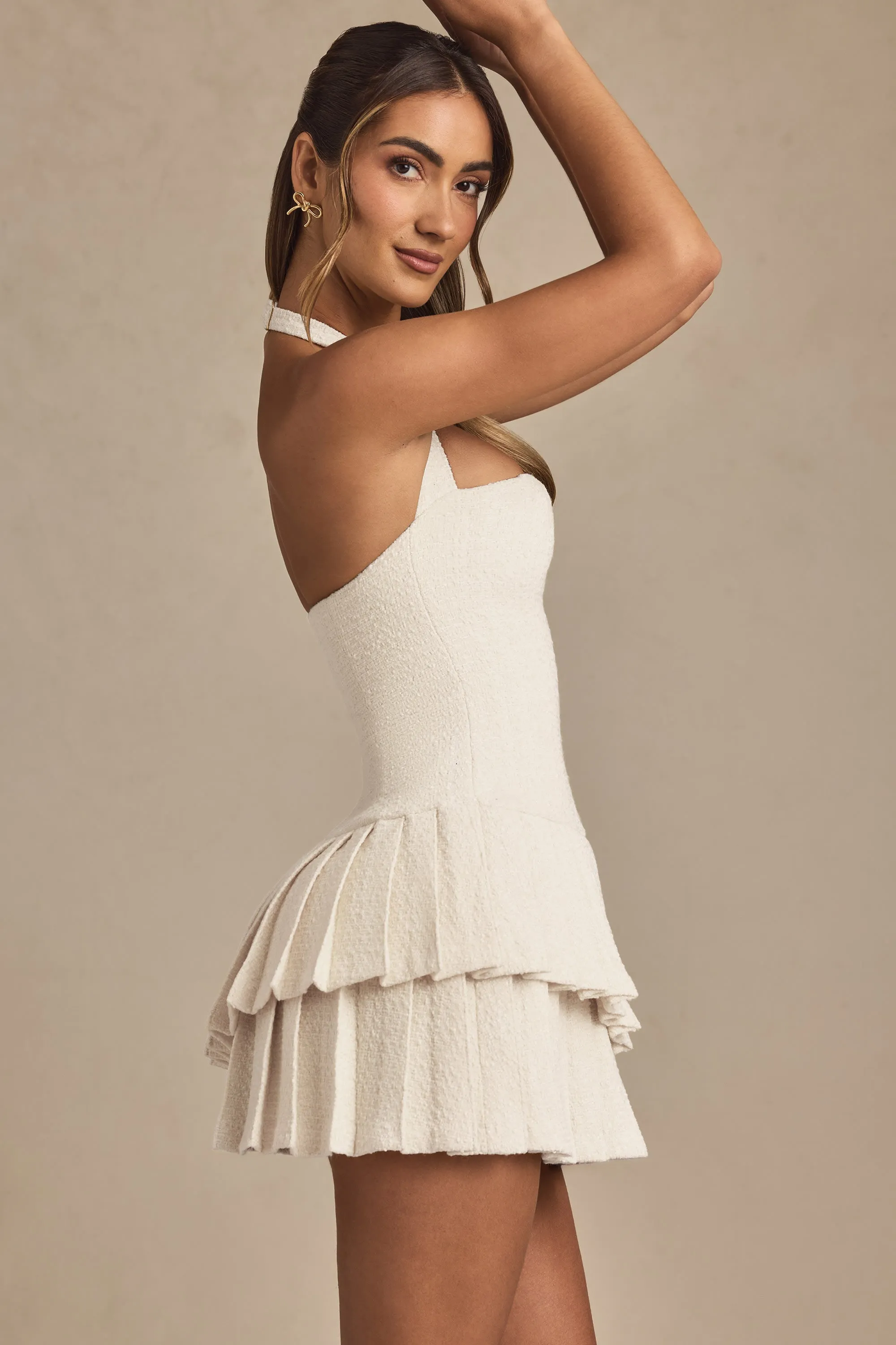 Asymmetric Layered Halterneck Mini Dress in Ivory Vibrant Party Vibe