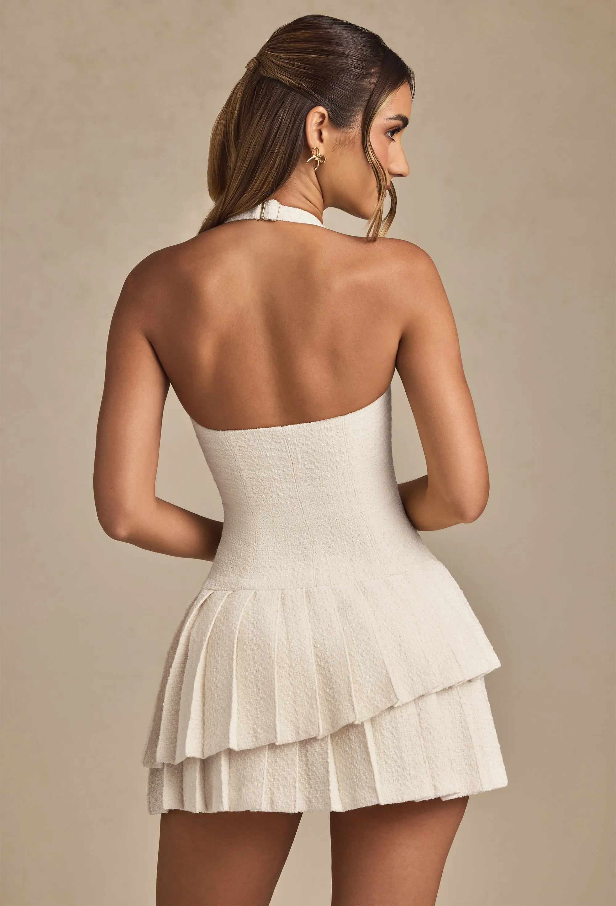 Flash Beat Asymmetric Layered Halterneck Mini Dress in Ivory
