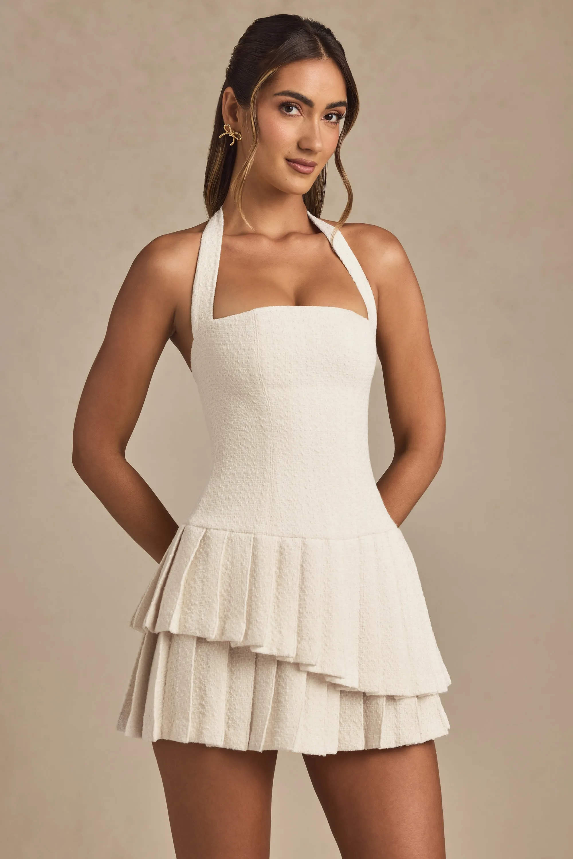 Asymmetric Layered Halterneck Mini Dress in Ivory Trend Star