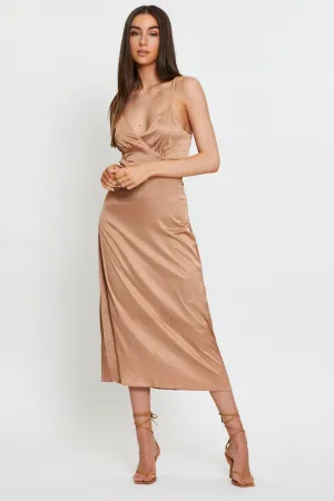 Subtle Glamour Brown Midi Dress Satin