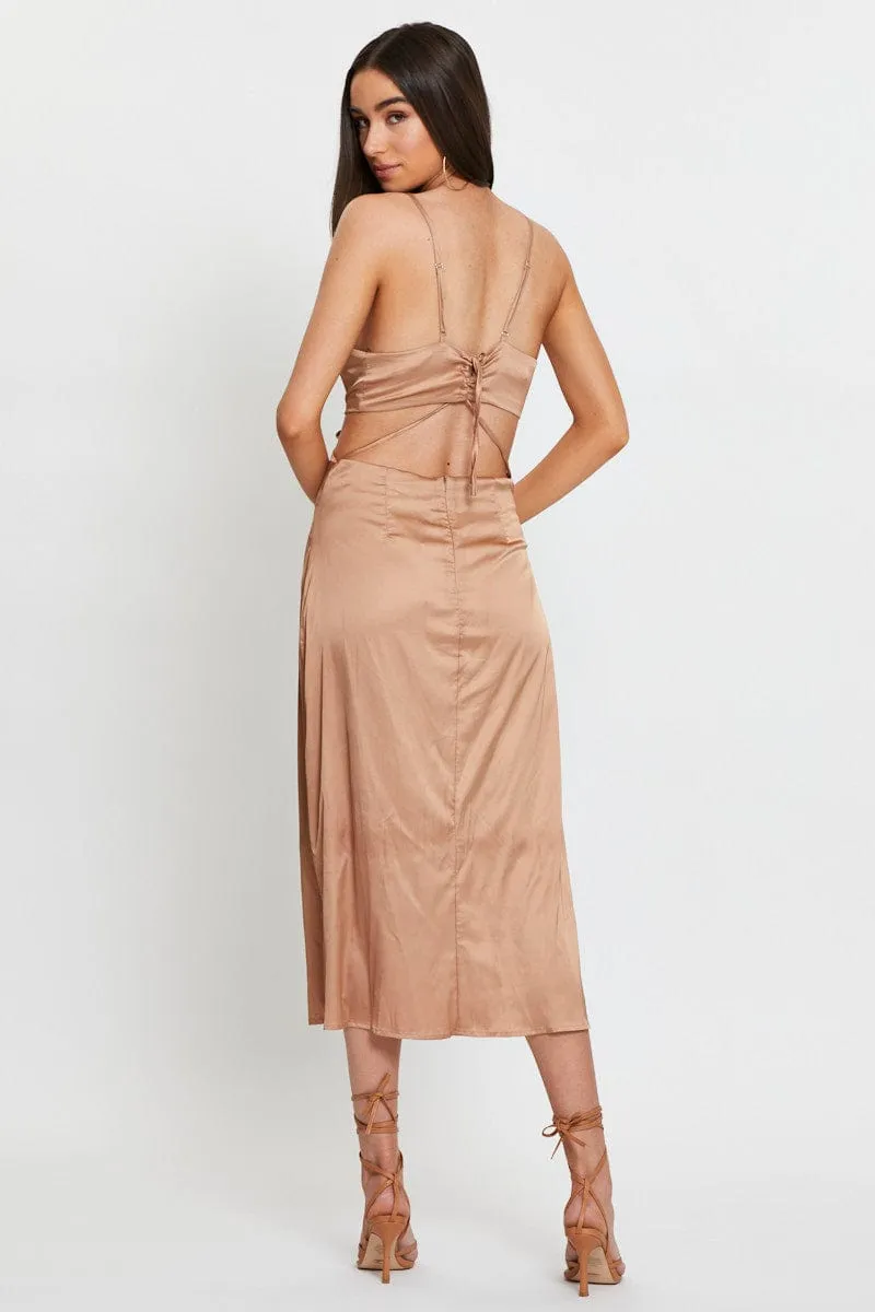 Classic event dress Brown Midi Dress Satin