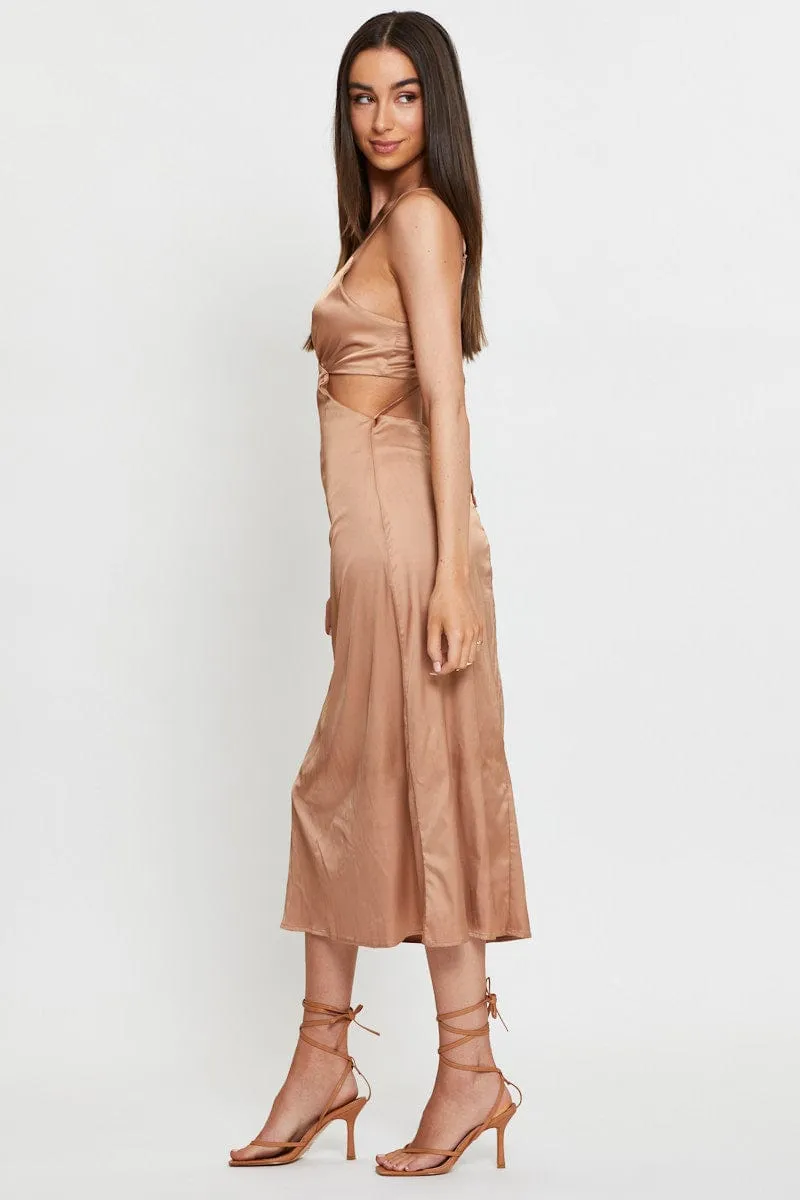 Port Side Brown Midi Dress Satin