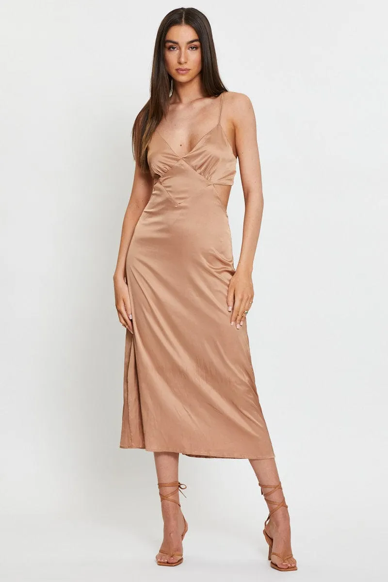 Practical travel midi Brown Midi Dress Satin