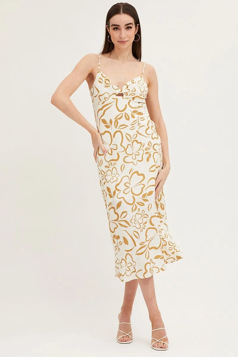Trendy Style Print Linen Slip Midi Dress
