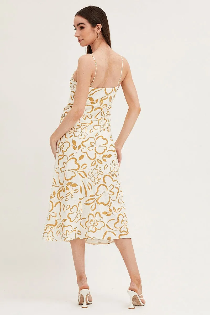 Print Linen Slip Midi Dress Polished Comfort