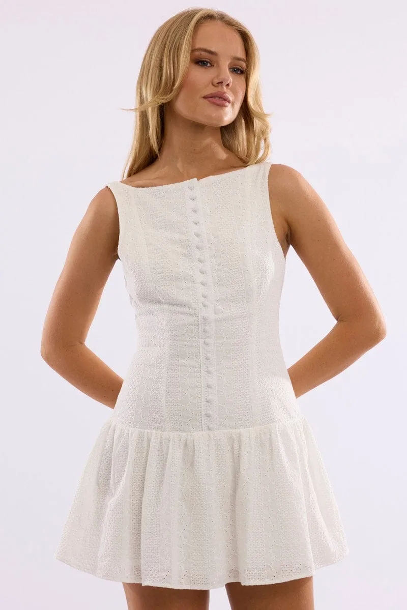 Casual Comfort White Midi Dress Drop Waist Lace Fabric