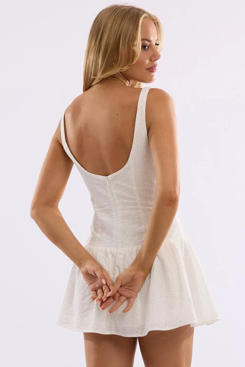 White Midi Dress Drop Waist Lace Fabric Artistic Vibe Dew Drop