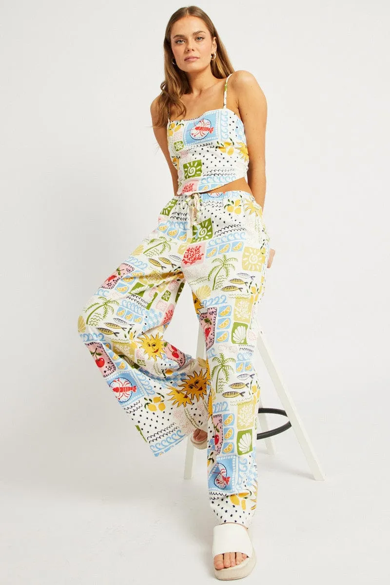 Chic Design DurableConstruction Multi Abstract Wide Leg Pants High Rise