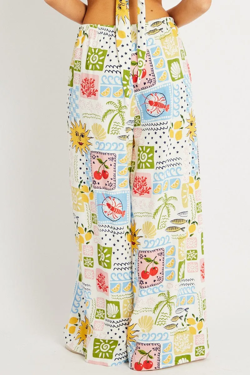 Multi Abstract Wide Leg Pants High Rise Relaxed Comfort Fit Smooth Finish