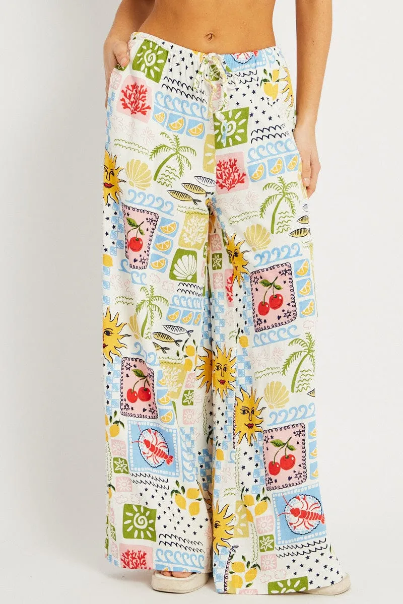 Multi Abstract Wide Leg Pants High Rise Wrinkle Free Fabric
