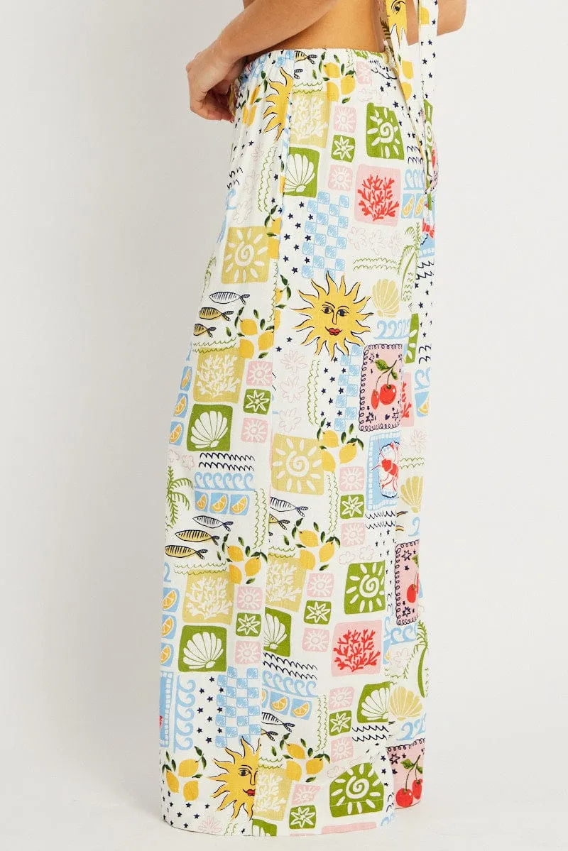 Multi Abstract Wide Leg Pants High Rise Stylish Fit