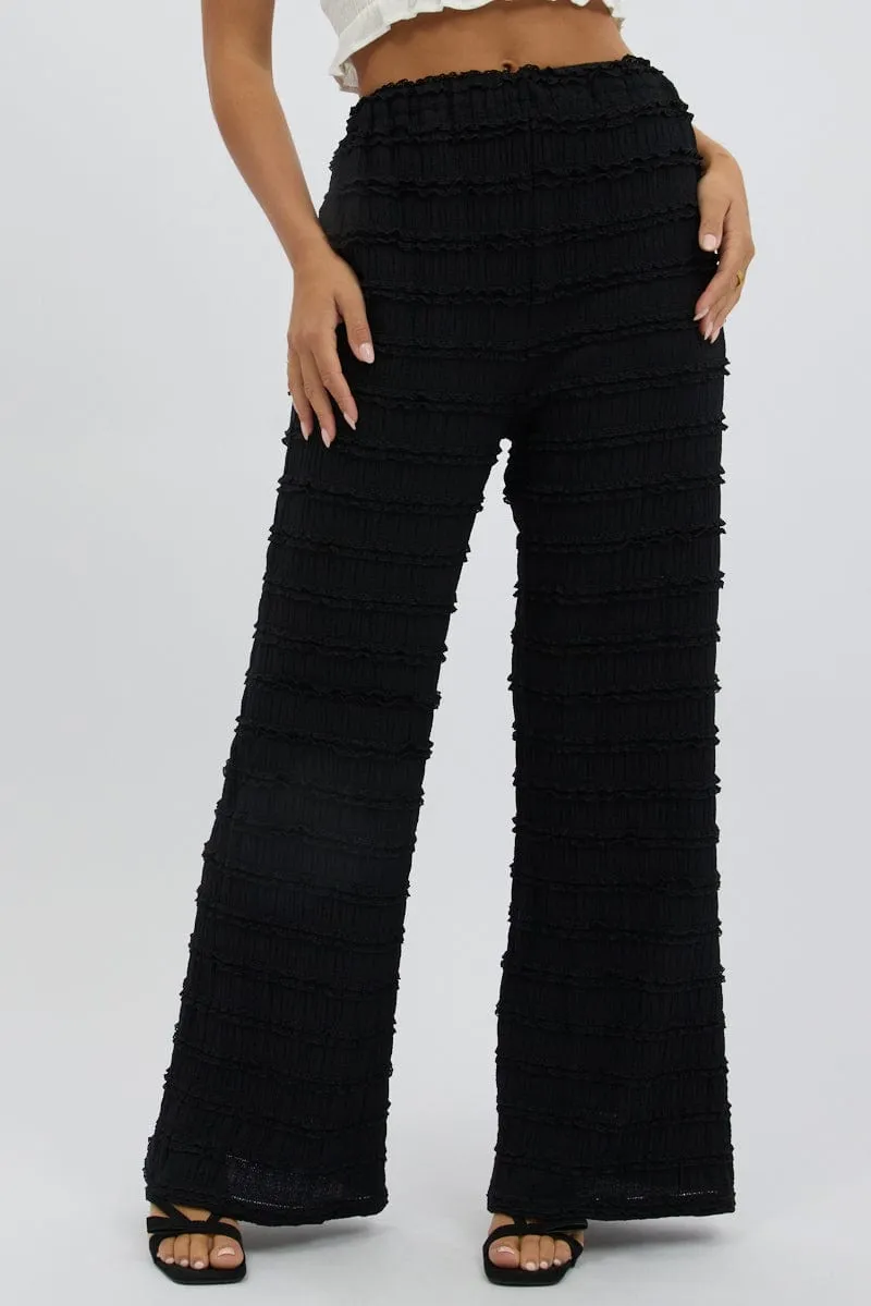 Black Wide Leg Pant Lace Contoured Panel Design Fashionable Waist