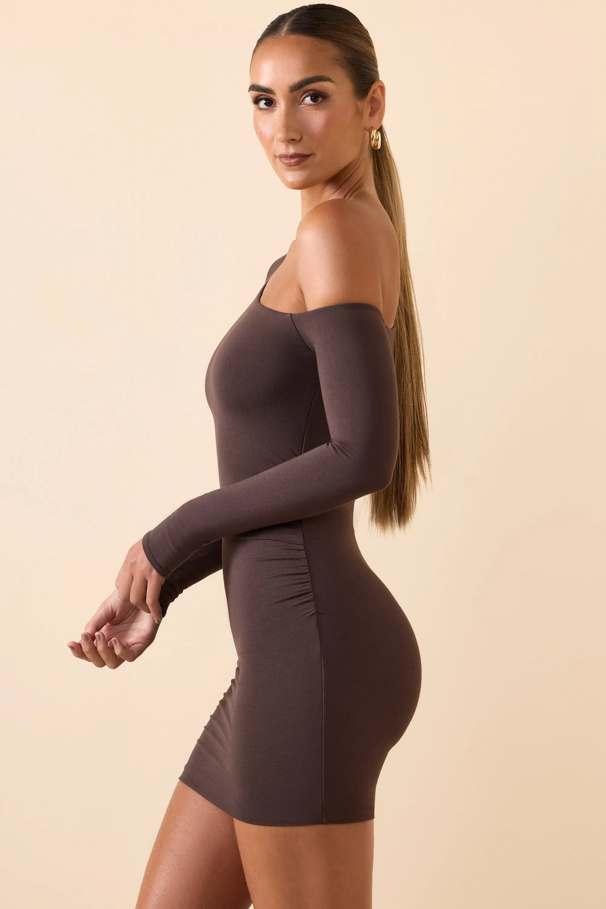 Eco Friendly Fabric Street Spice Modal Off-Shoulder Ruched Mini Dress in Chocolate Brown