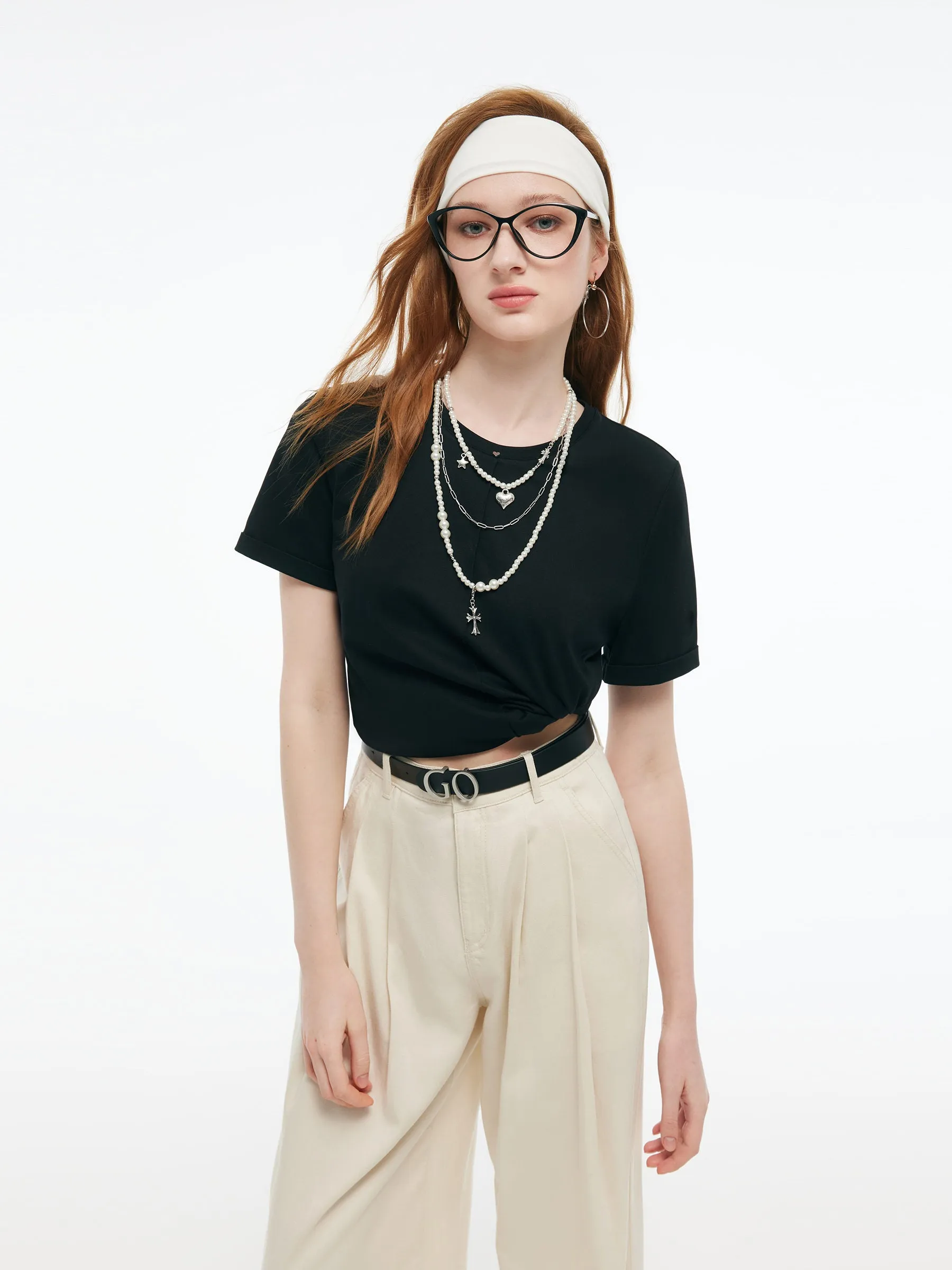 Crew Neck Heart Decorated Convertible Women T-Shirt Comfy and Soft Sleek Design