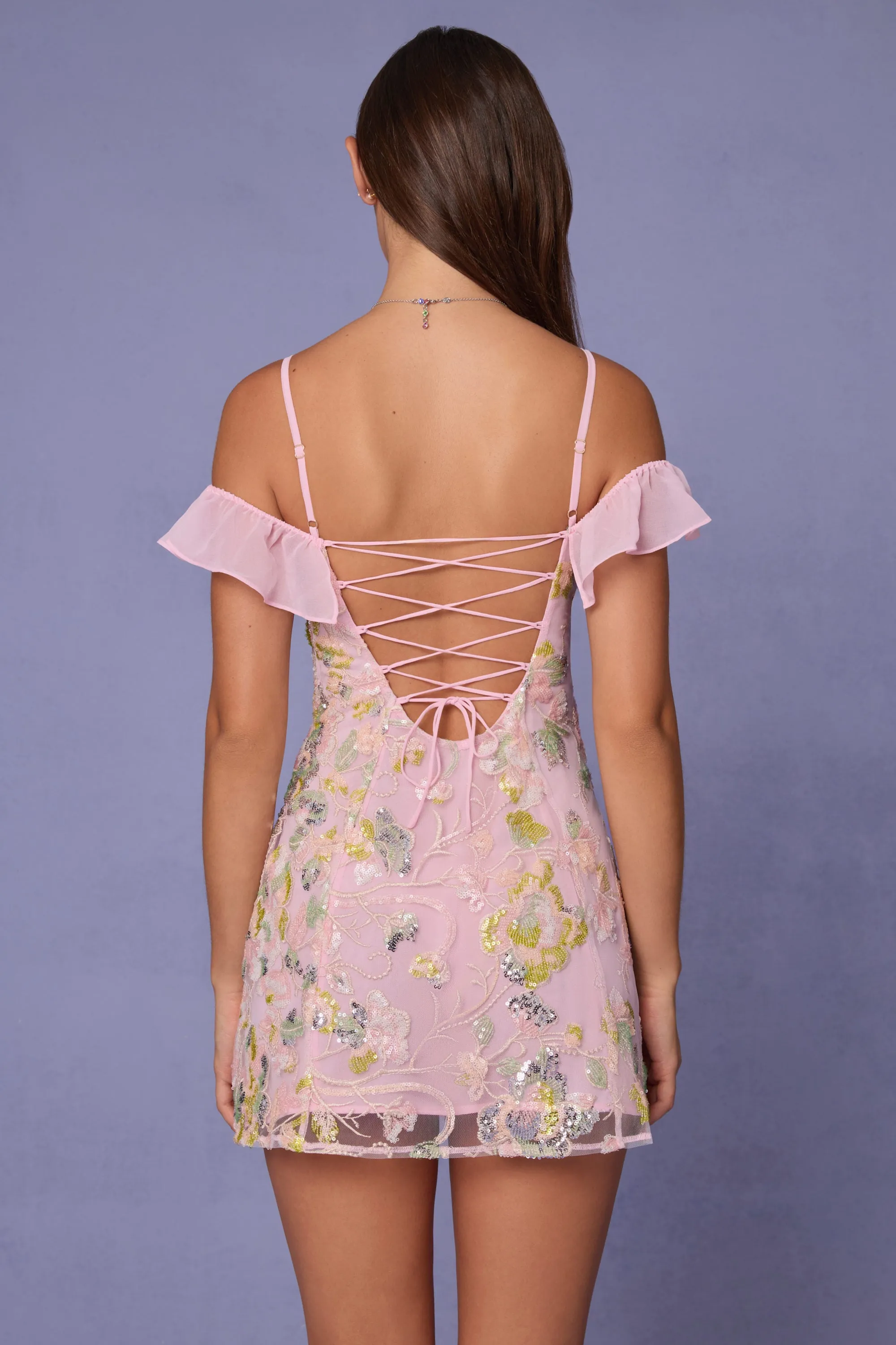 Embellished Lace-Up A-Line Mini Dress in Soft Pink Bold Fashion