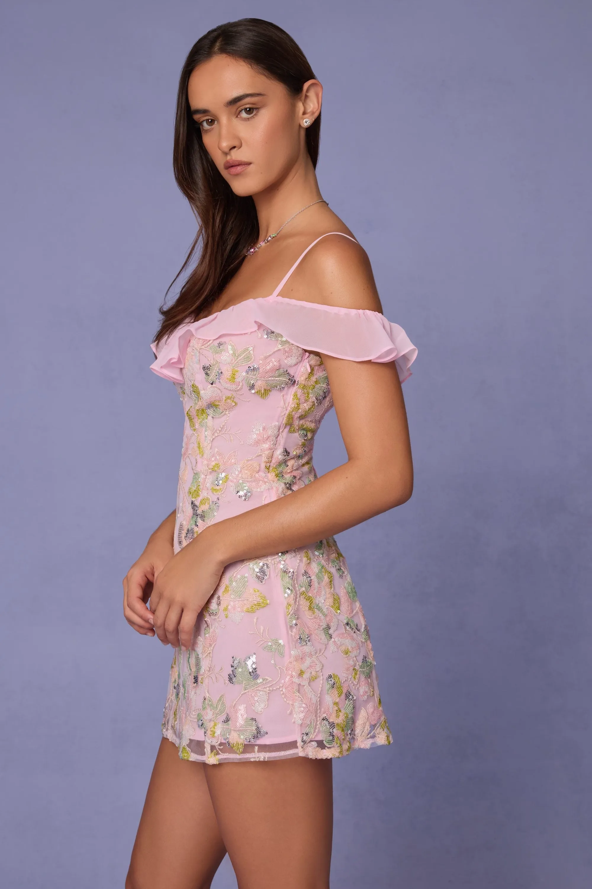 Embellished Lace-Up A-Line Mini Dress in Soft Pink Shine Edge
