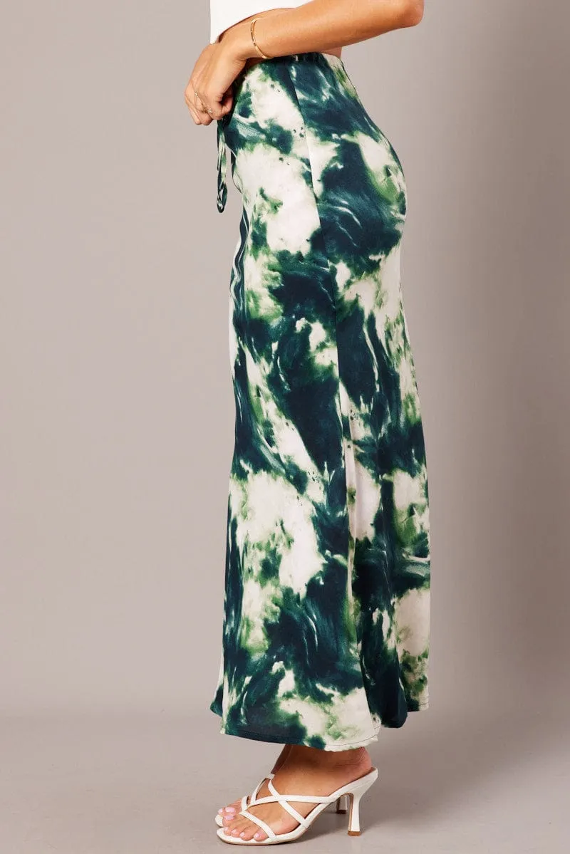 Green Abstract Slip Skirt Maxi Drawstring Waist Breezy Mood Smart Casual